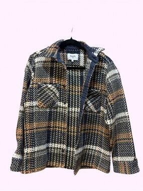 WAX Plaid Wool-Blend Shacket Jacket - Navy & Brown